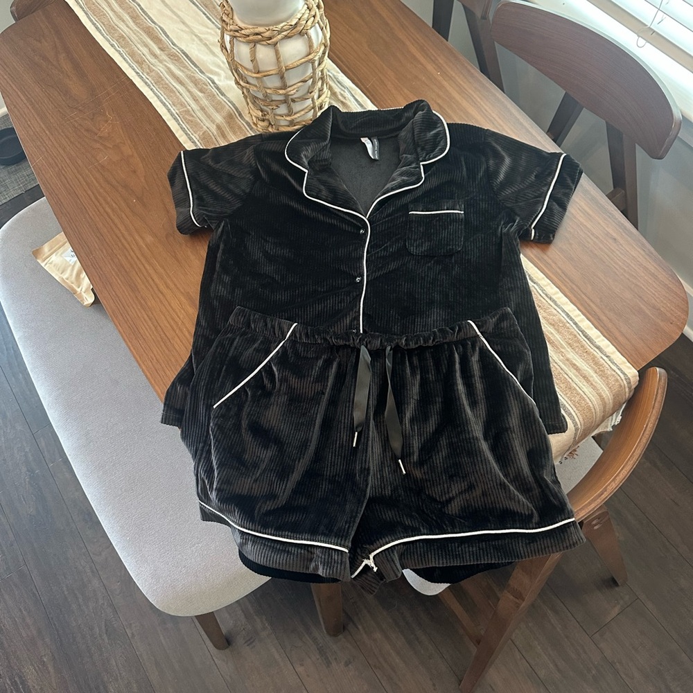 Black Velvet Pajama Set with Silver Trim